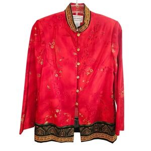 Vintage Karin Stevens Red Floral Asian Inspired Mandarin Collar Blazer 12M